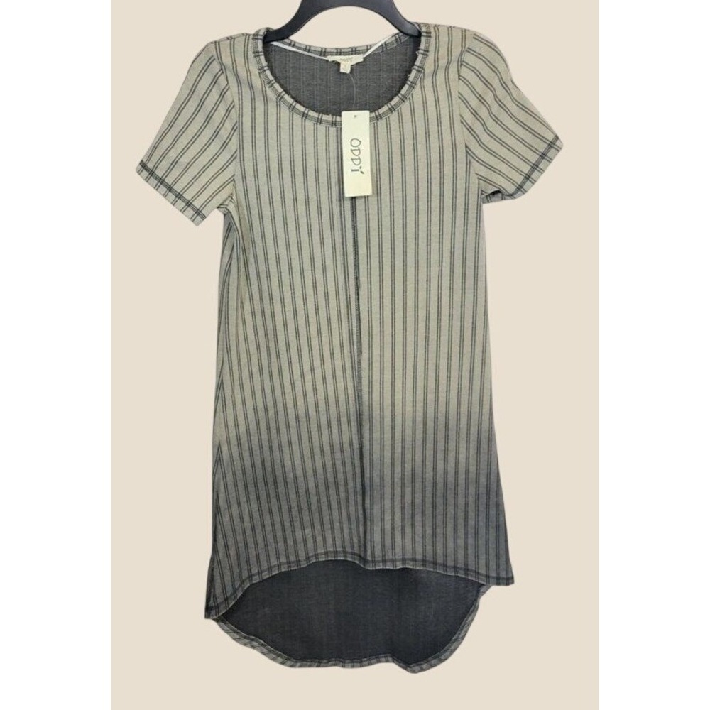NWT Oddi Tunic Top Boho Striped High Low Ombre Short Sleeve Gray Tan Small